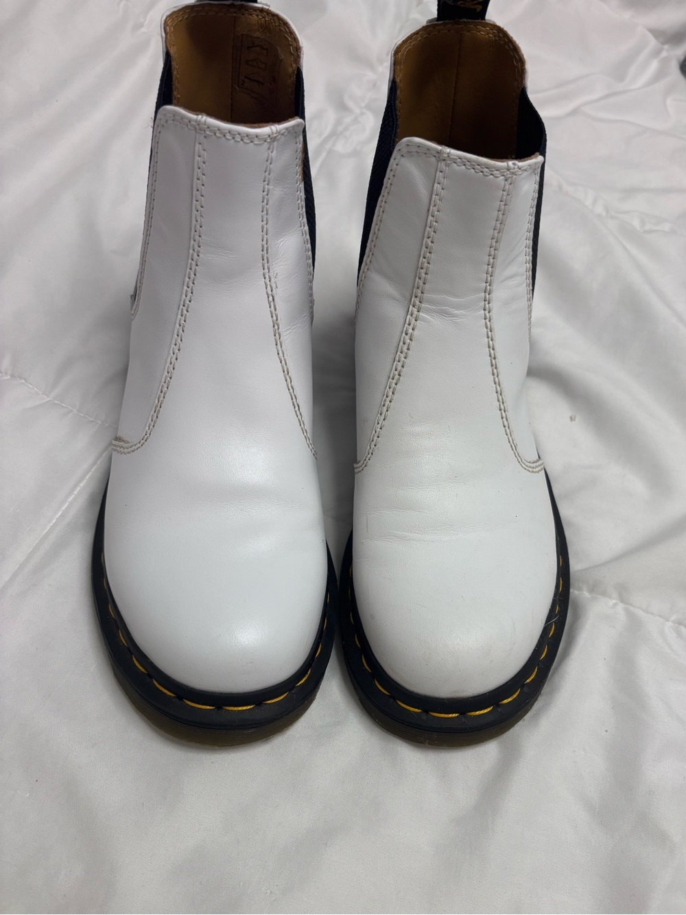 Dr. Martens White Leather Chelsea Chukka Boots with Yellow Stitch